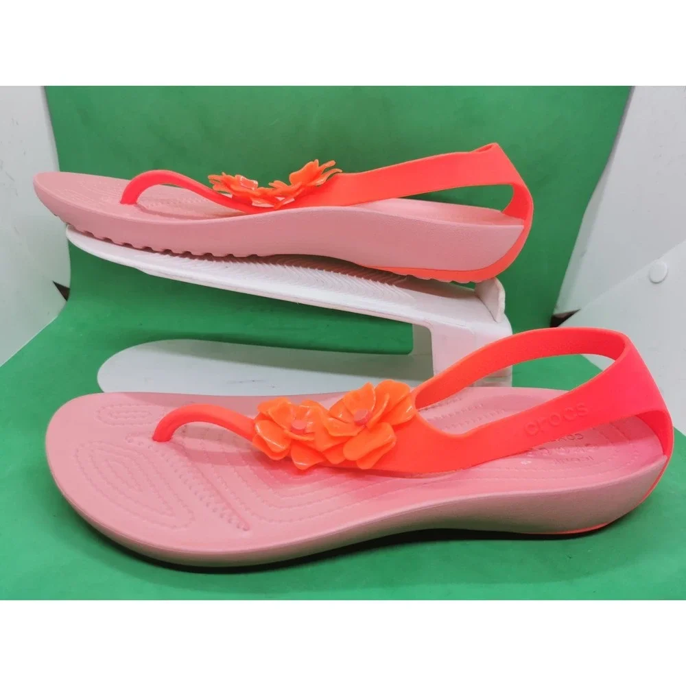 Crocs Serena Flower Embellished Flip Sandal Womens Siz 11 Bright Coral/Melon NEW